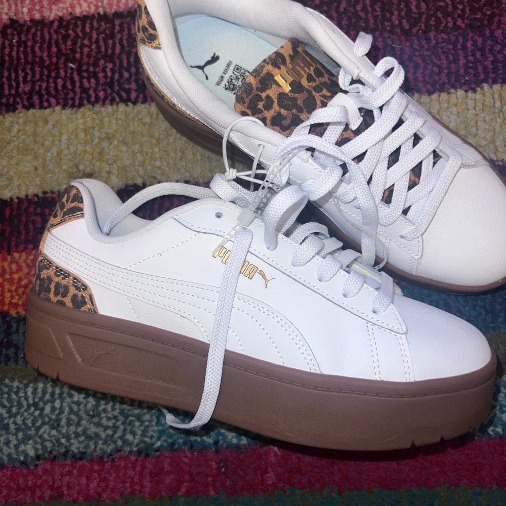 Puma White Sneakers with Brown Platform and Leopard Trim - Picture 4 of 4